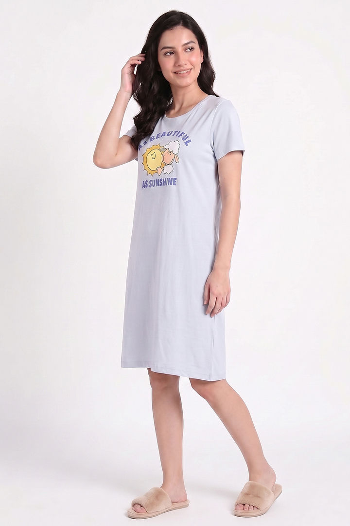 Zivame Farm Lore Knit Cotton Knee Length Nightdress - Xenon Blue — image 3